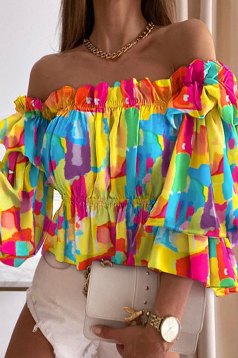 Elegant & Stylish Print Flounce Off The Shoulder Tops(10 Colors)