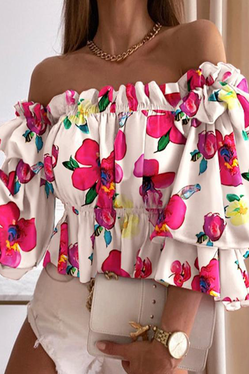 Elegant & Stylish Print Flounce Off The Shoulder Tops(10 Colors)