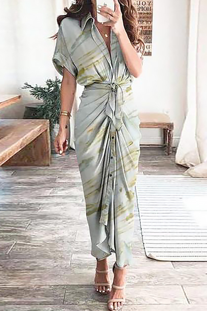 Elegant & Stylish Print Frenulum Buckle Turndown Collar Pencil Skirt Dresses(7 Colors)