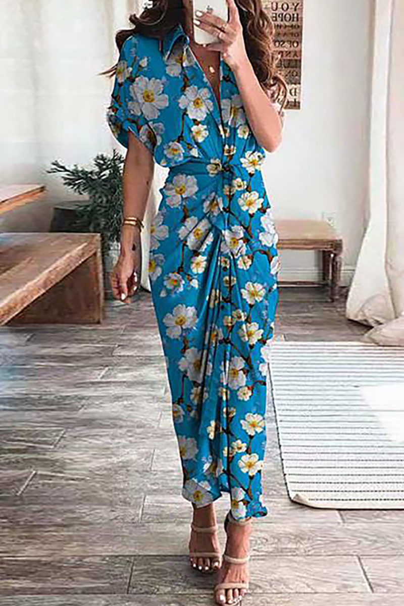 Elegant & Stylish Print Frenulum Buckle Turndown Collar Pencil Skirt Dresses(7 Colors)