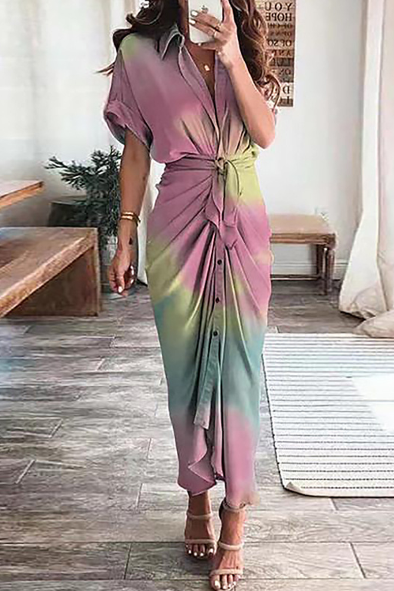 Elegant & Stylish Print Frenulum Buckle Turndown Collar Pencil Skirt Dresses(7 Colors)