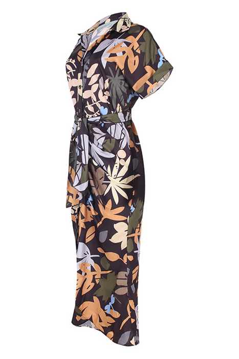 Elegant & Stylish Print Frenulum Buckle Turndown Collar Pencil Skirt Dresses(7 Colors)
