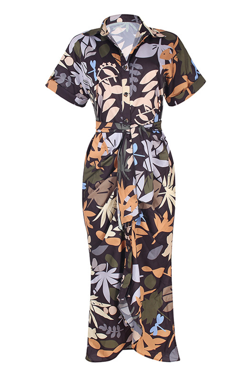 Elegant & Stylish Print Frenulum Buckle Turndown Collar Pencil Skirt Dresses(7 Colors)