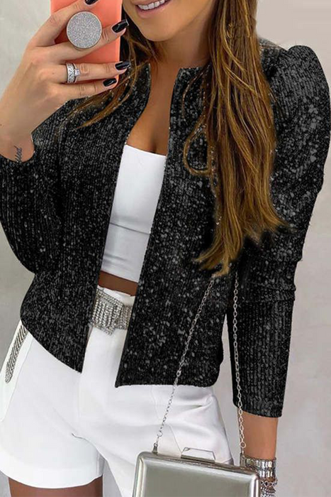 Fashion Solid Sequins Patchwork O Neck Outerwear - A Must-Have Addition