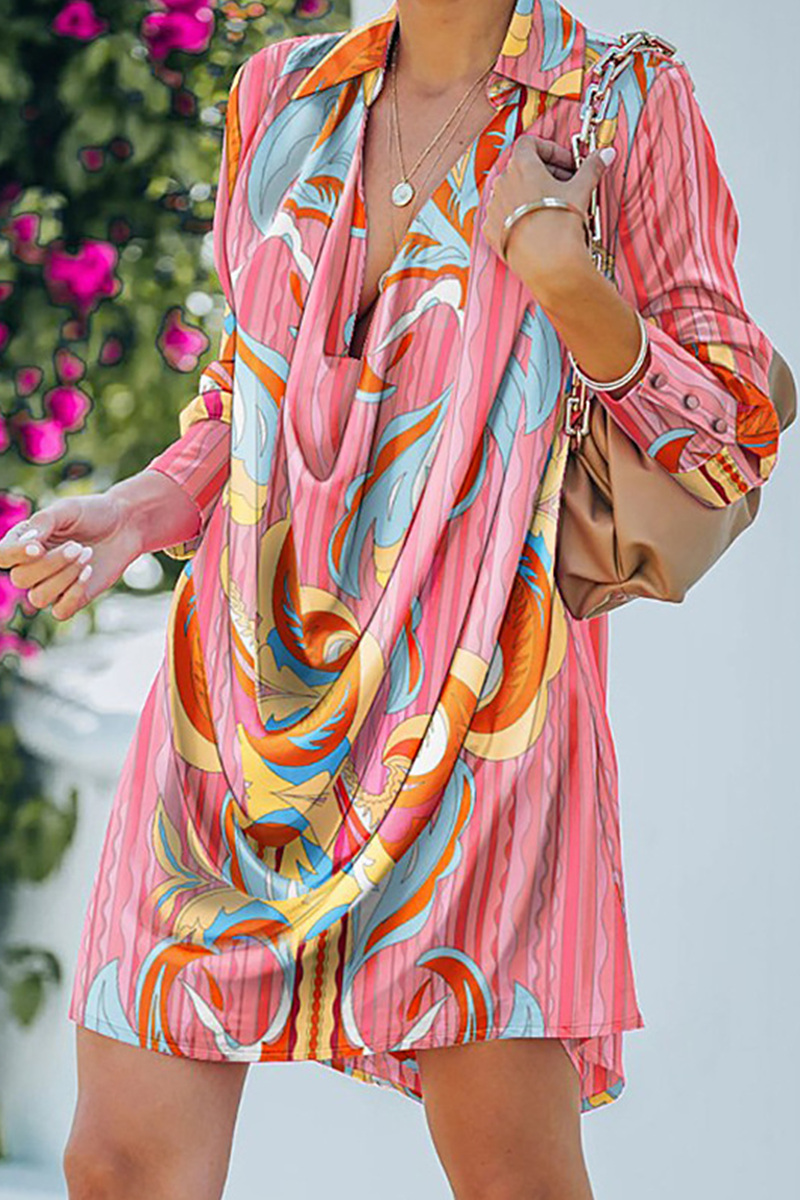 Casual en stijlvolle print met luipaardknopen, vouwkraag, A-lijnjurken