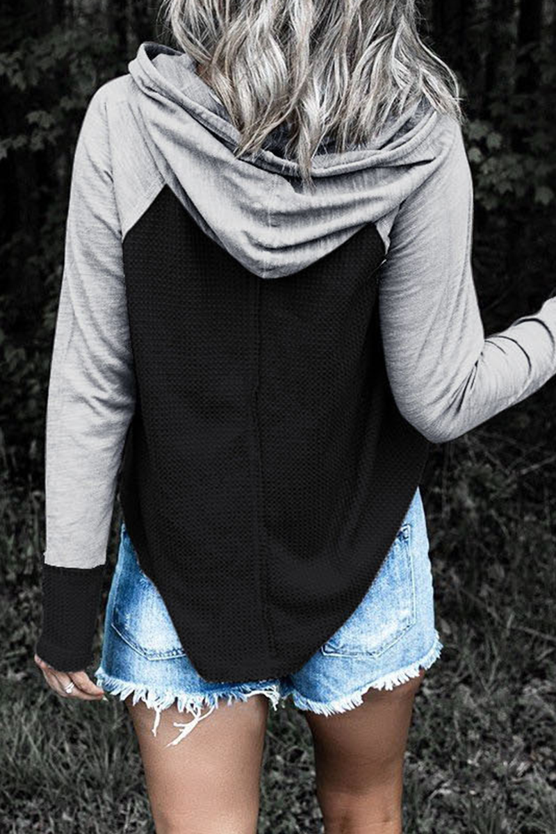 Casual & Stylish Patchwork Draw String Contrast Hooded Collar Tops(5 Colors)