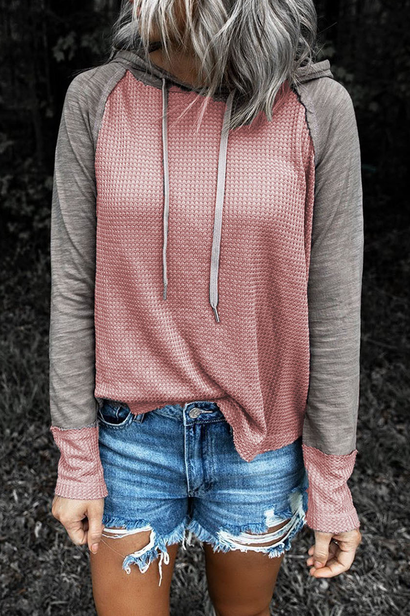 Casual & Stylish Patchwork Draw String Contrast Hooded Collar Tops(5 Colors)