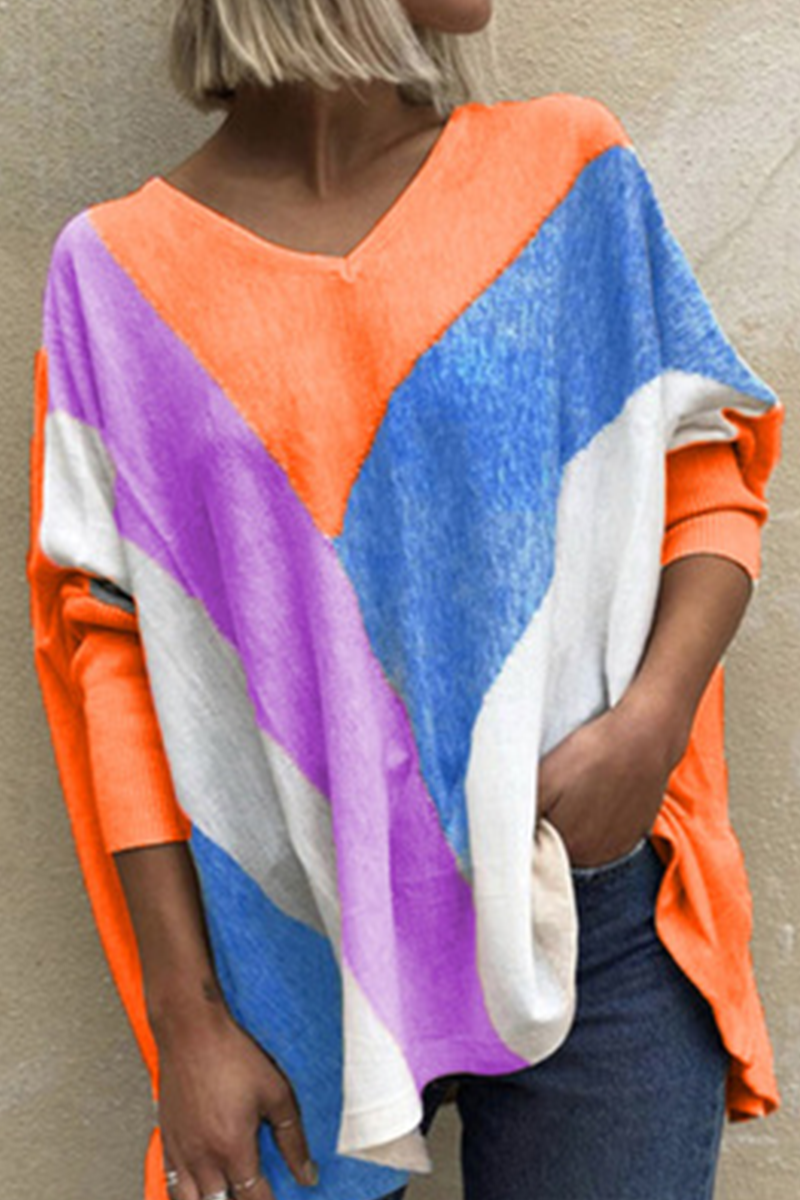 Casual & Stylish Patchwork Contrast V Neck Tops(5 Colors)