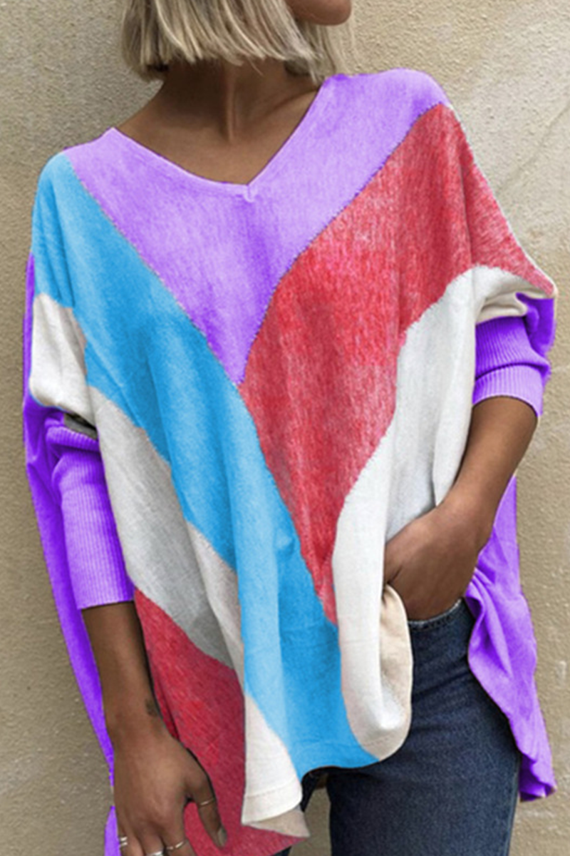 Casual & Stylish Patchwork Contrast V Neck Tops(5 Colors)