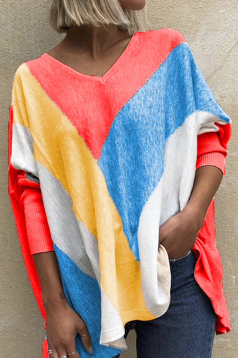 Casual & Stylish Patchwork Contrast V Neck Tops(5 Colors)