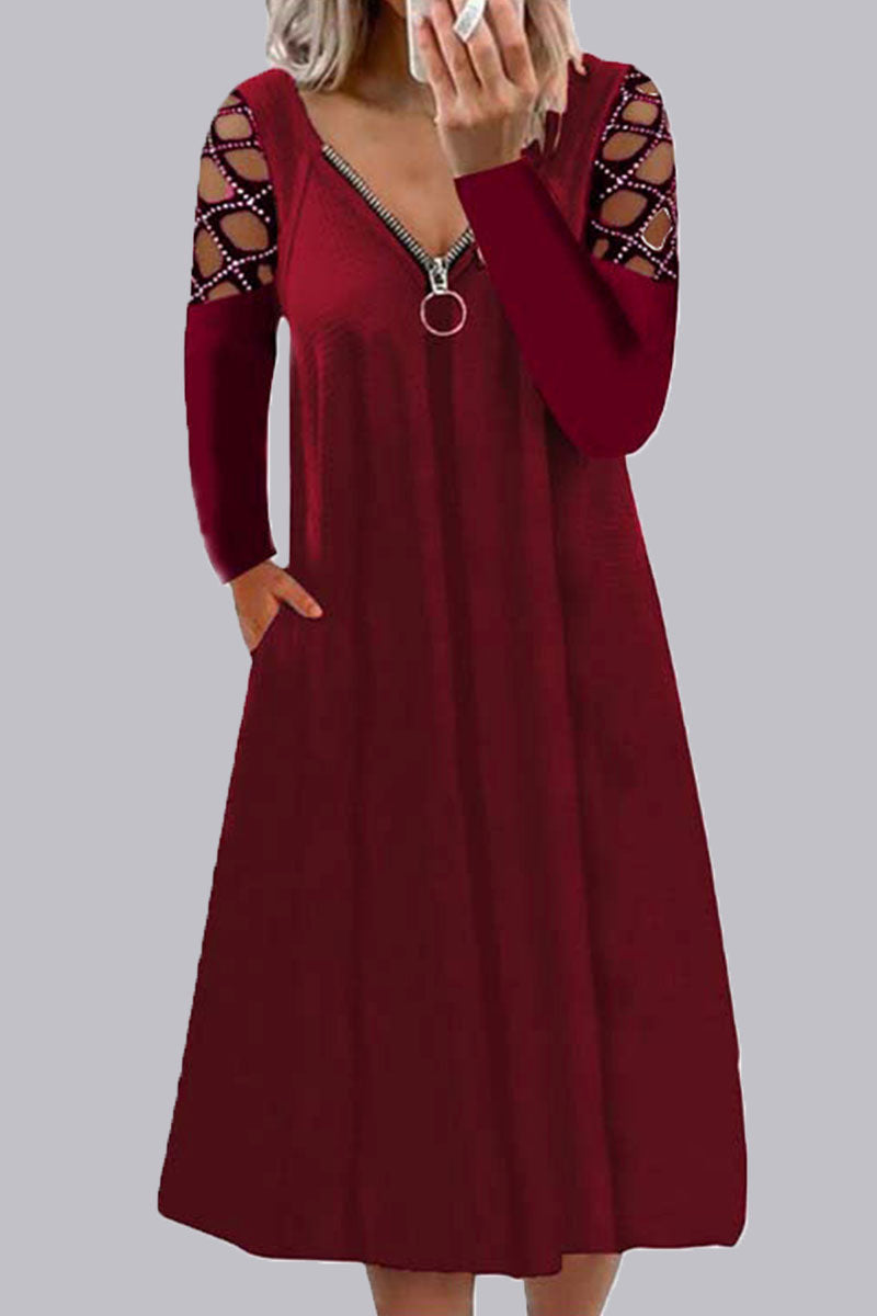 Casual en stijlvolle klassieke effen splitverbinding V-hals A-lijnjurken (7 kleuren)