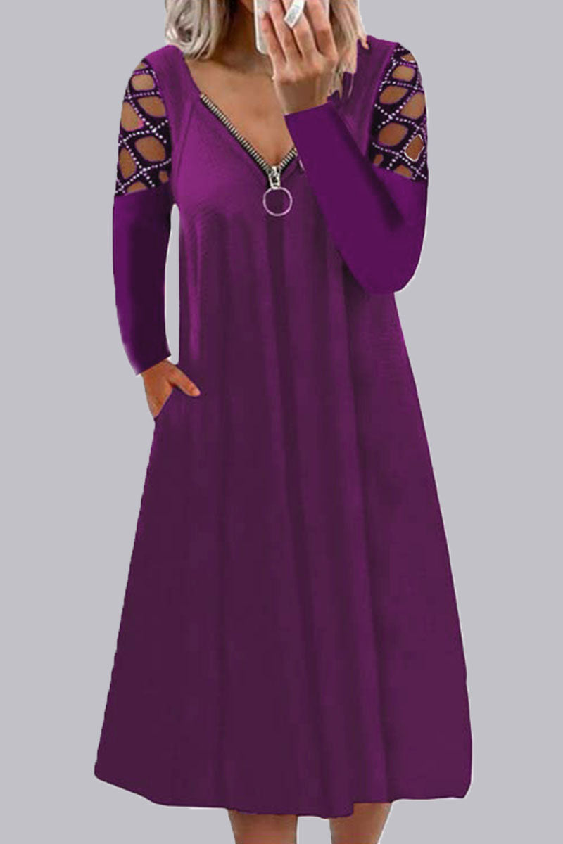 Casual en stijlvolle klassieke effen splitverbinding V-hals A-lijnjurken (7 kleuren)