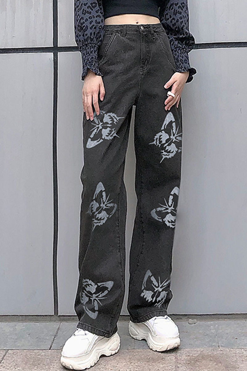 Butterfly Print Wide Leg Bottoms in Fashionable Street Style