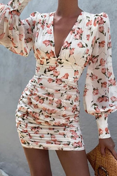 Fashion Elegant & Stylish Leopard Floral Patchwork Fold V Neck Pencil Skirt Dresses(4 Colors)