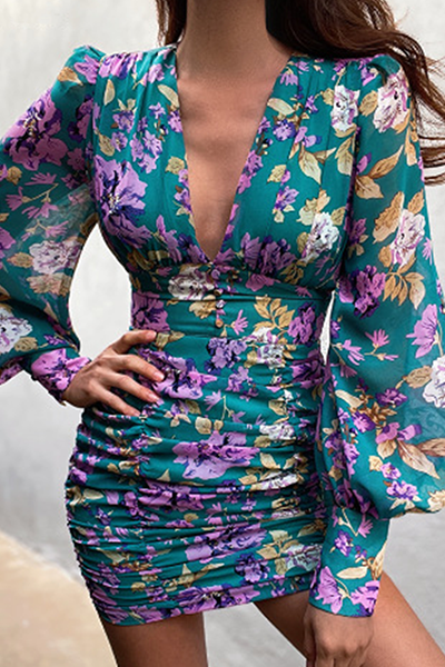 Fashion Elegant & Stylish Leopard Floral Patchwork Fold V Neck Pencil Skirt Dresses(4 Colors)