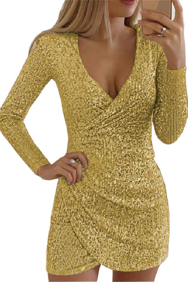 Fashion Sexy Classic Solid Sequins V Neck Irregular Dress Dresses(9 Colors)