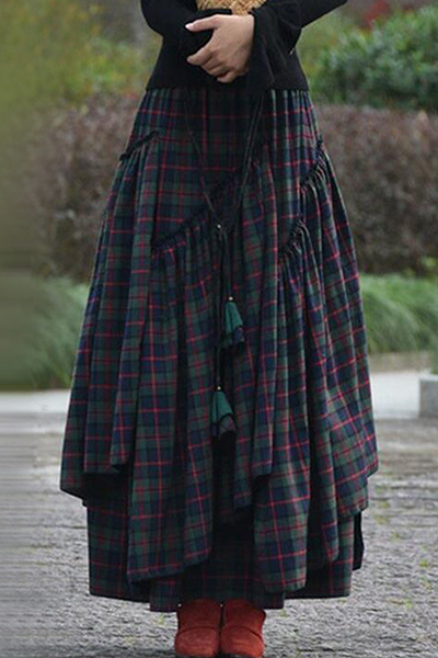 Vintage Plaid Patchwork Flounce Asymmetrical Full Print Bottoms - A Must-Have Addition