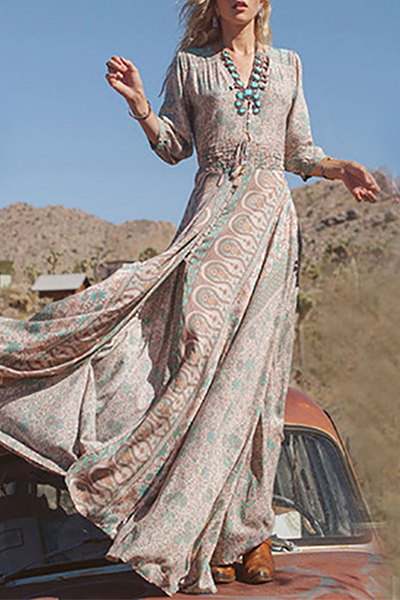 Bohemian Print Frenulum Buckle Slit V Neck Dresses Elegant For Special Occasions