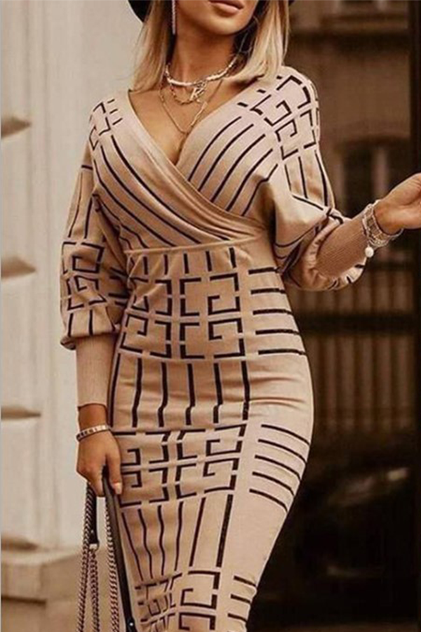 Elegant & Stylish Print Patchwork V Neck Pencil Skirt Dresses(3 Colors)