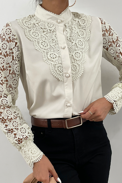 Elegant & Stylish Classic Solid Lace Hollowed Out Buckle Mandarin Collar Tops(4 Colors)