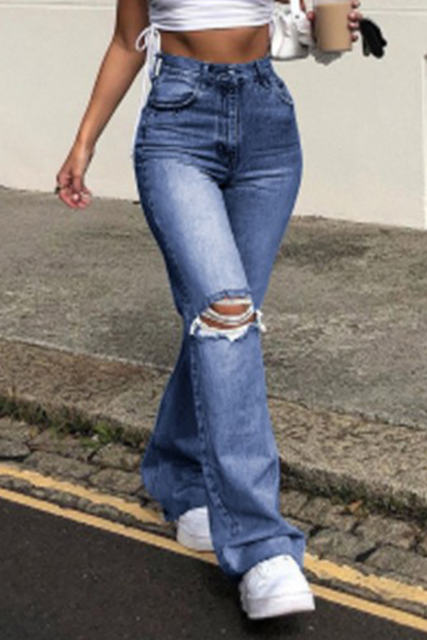 Straat-effen broek met kwastjes, gescheurde hoge taille en wijde pijpen - een must-have toevoeging