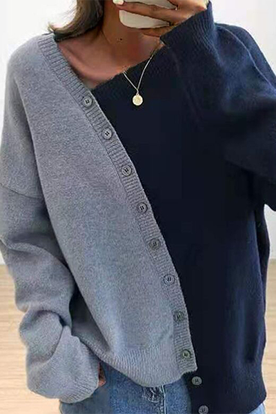 Casual en stijlvolle patchwork gesp contrasterende schuine kraag tops trui