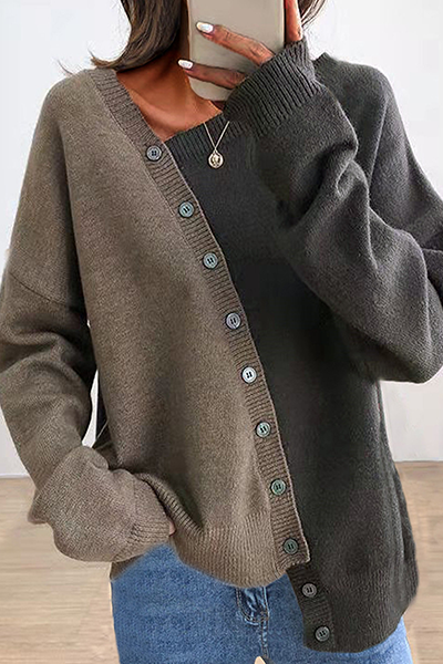 Casual en stijlvolle patchwork gesp contrasterende schuine kraag tops trui