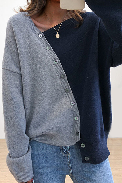 Casual & Stylish Patchwork Buckle Contrast Oblique Collar Tops Sweater