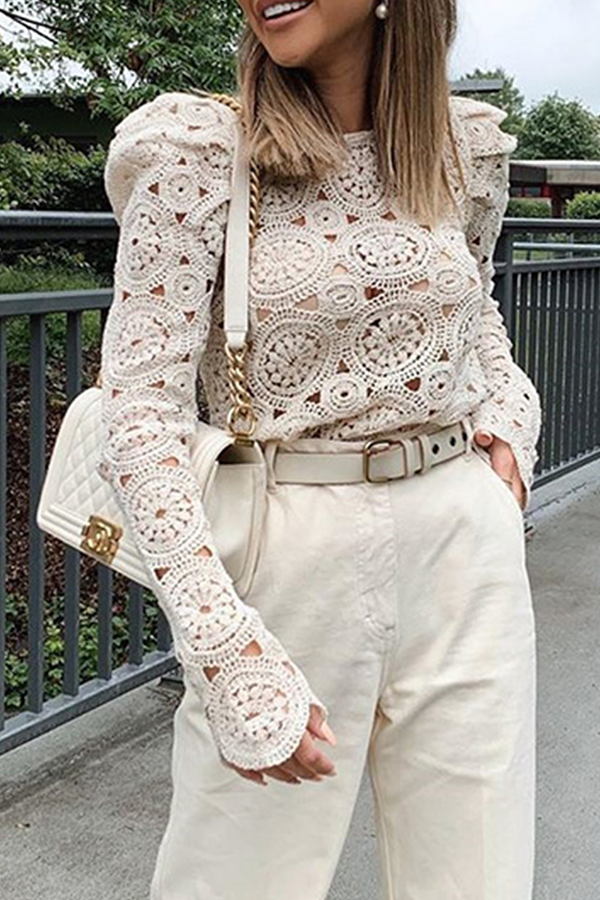 Elegant & Stylish Classic Solid Hollowed Out See-through O Neck Tops