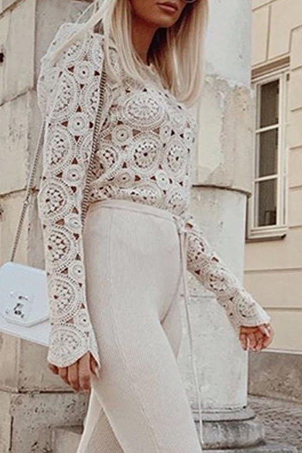 Elegant & Stylish Classic Solid Hollowed Out See-through O Neck Tops