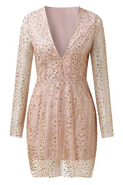 Fashion Elegant & Stylish Patchwork Sequins See-through Mesh V Neck Pencil Skirt Dresses