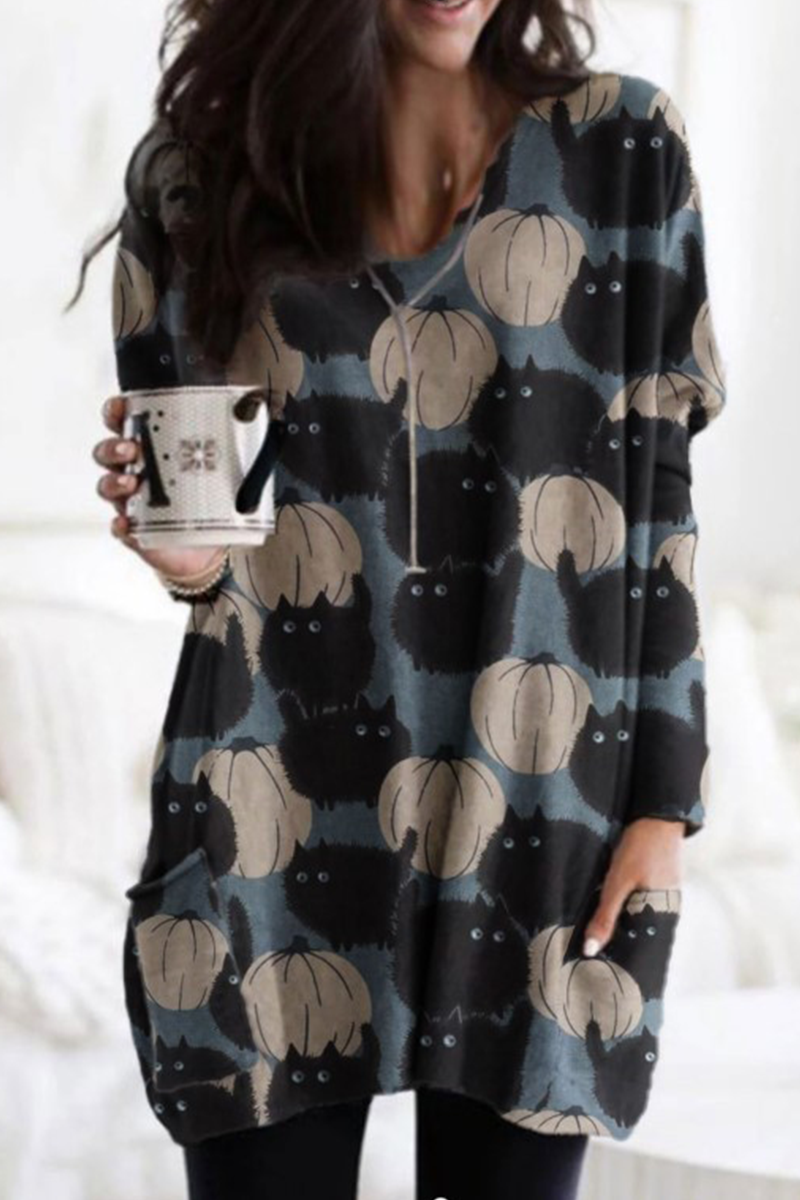 Street-Ready Split Joint Pocket O Neck Tops in Unique Prints