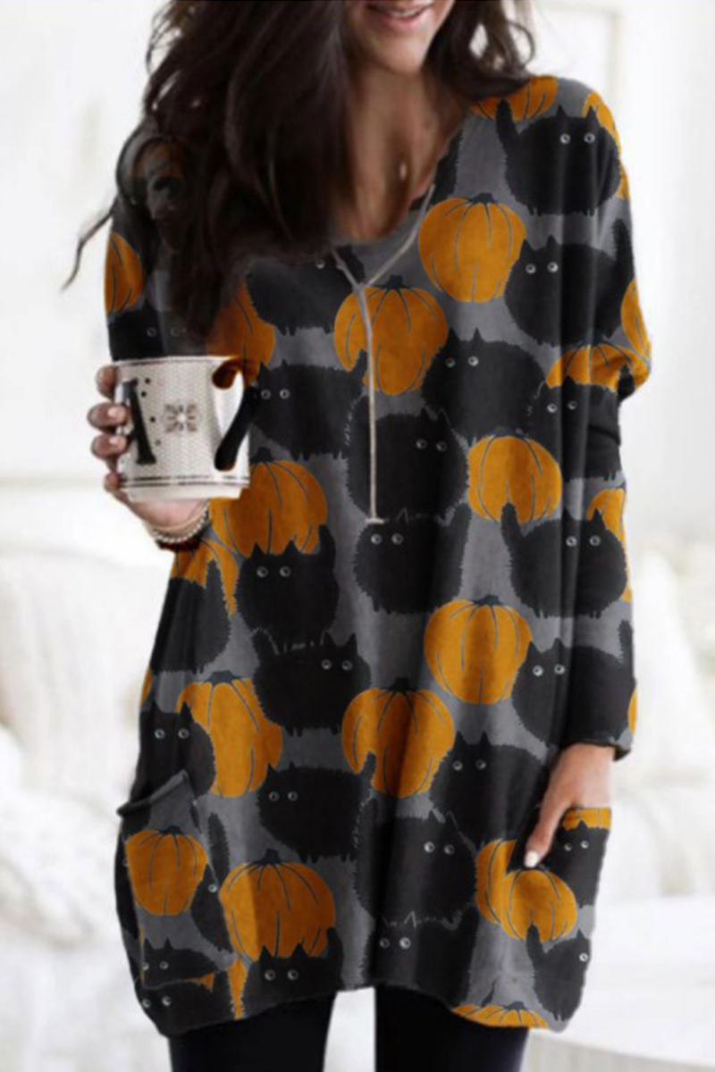 Street-Ready Split Joint Pocket O Neck Tops in Unique Prints