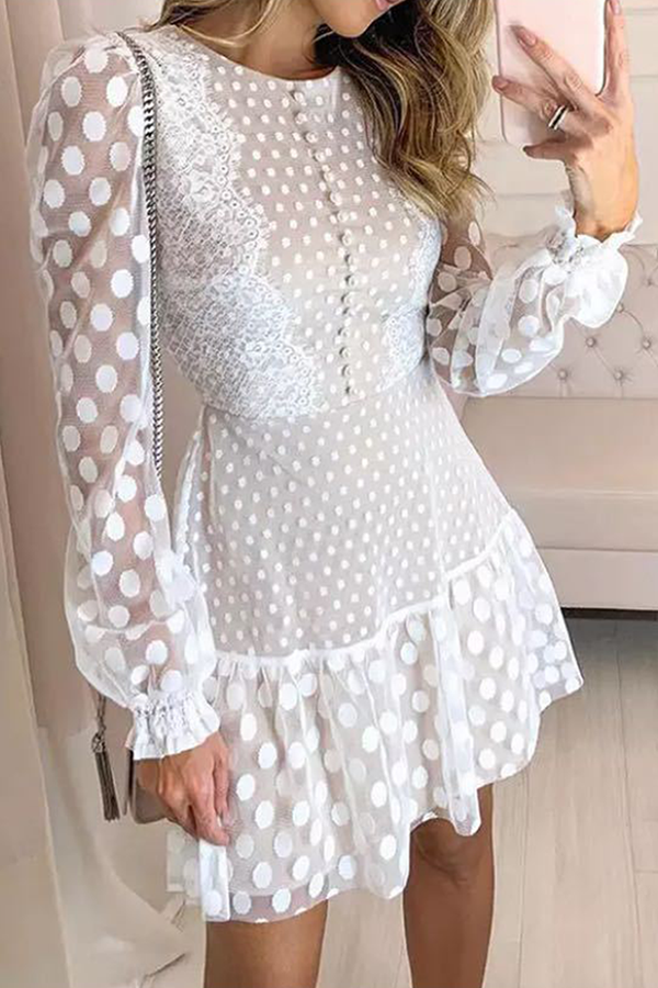 Elegant & Stylish Polka Dot Lace Flounce O Neck Waist Skirt Dresses