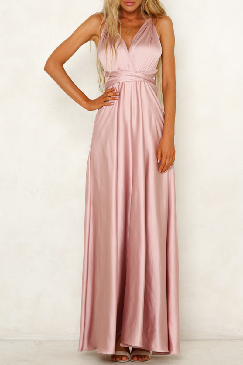 Celebrities Elegant & Stylish Classic Solid Backless Strap Design V Neck Evening Dress Dresses