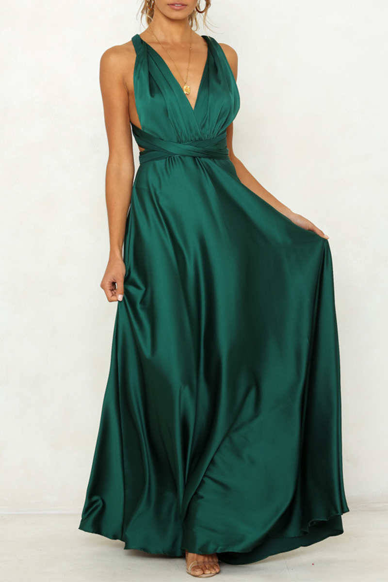 Celebrities Elegant & Stylish Classic Solid Backless Strap Design V Neck Evening Dress Dresses