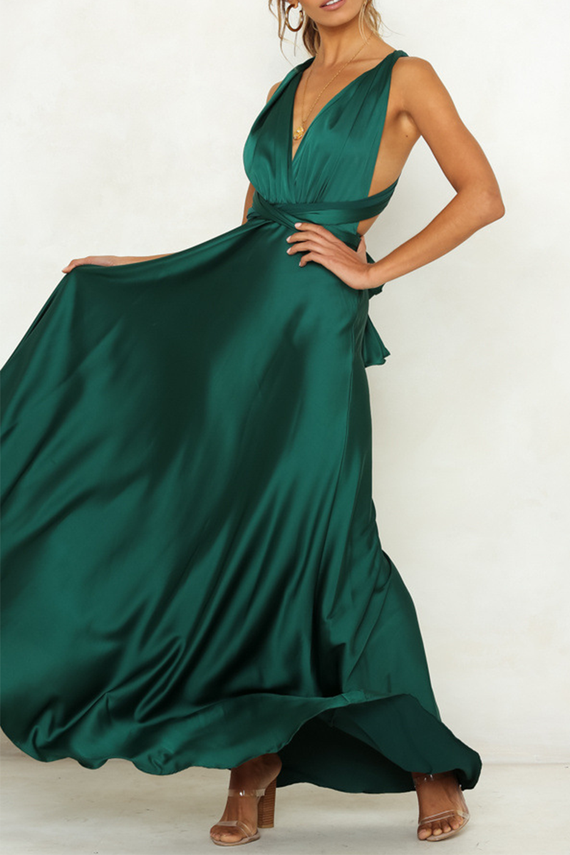 Celebrities Elegant & Stylish Classic Solid Backless Strap Design V Neck Evening Dress Dresses