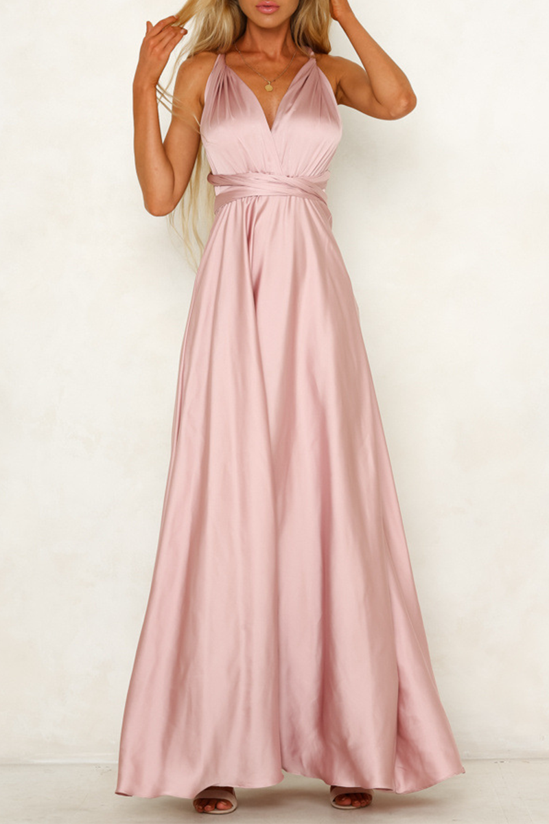 Celebrities Elegant & Stylish Classic Solid Backless Strap Design V Neck Evening Dress Dresses