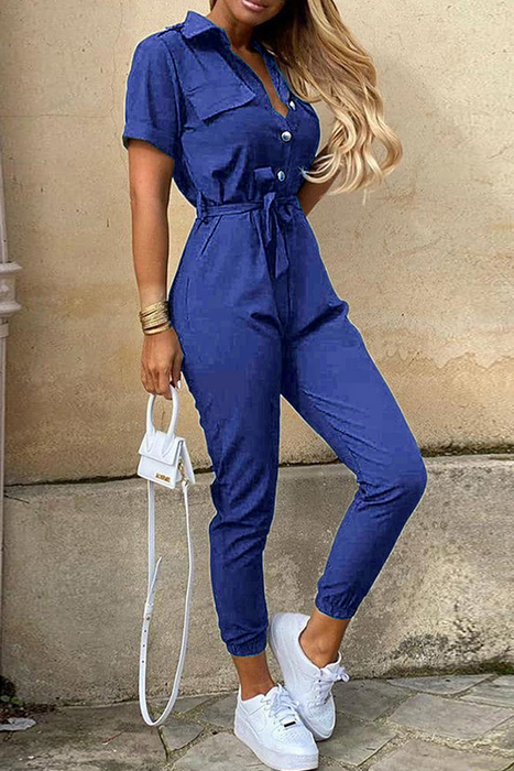 Casual & Stylish Classic Solid Buckle With Belt Turndown Collar Jumpsuits(12 Colors)