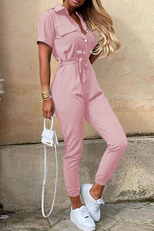 Casual & Stylish Classic Solid Buckle With Belt Turndown Collar Jumpsuits(12 Colors)