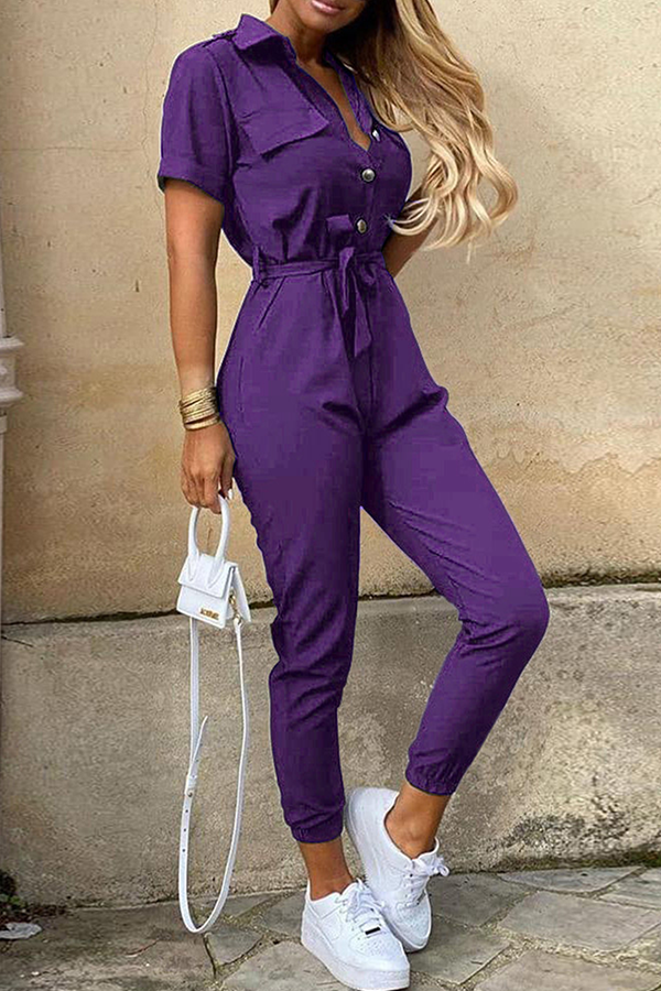 Casual & Stylish Classic Solid Buckle With Belt Turndown Collar Jumpsuits(12 Colors)