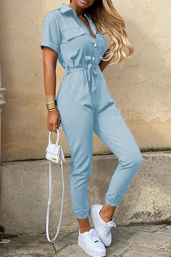 Casual & Stylish Classic Solid Buckle With Belt Turndown Collar Jumpsuits(12 Colors)