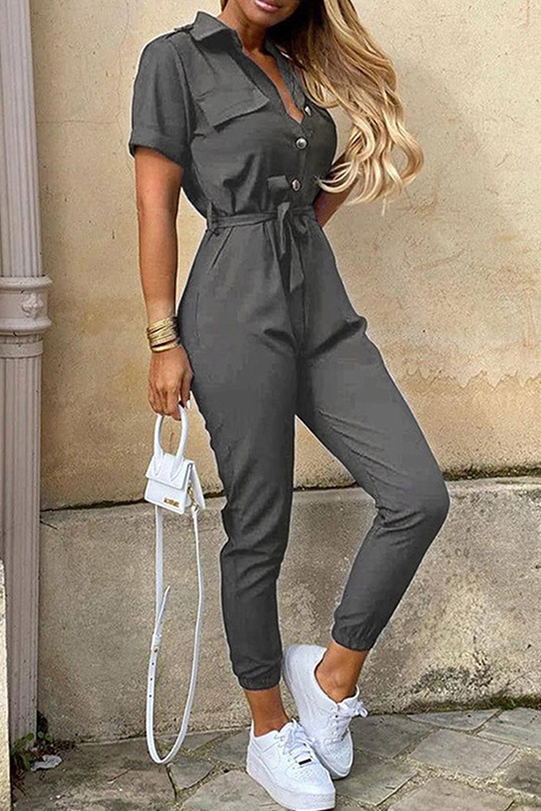 Casual & Stylish Classic Solid Buckle With Belt Turndown Collar Jumpsuits(12 Colors)