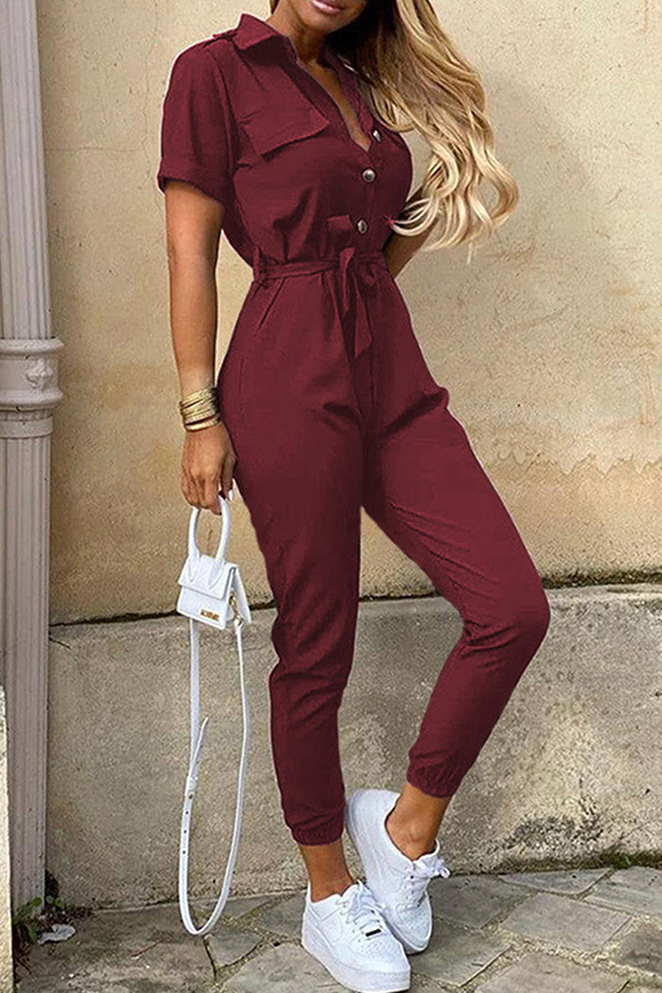 Casual & Stylish Classic Solid Buckle With Belt Turndown Collar Jumpsuits(12 Colors)