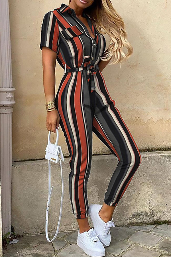 Casual & Stylish Classic Solid Buckle With Belt Turndown Collar Jumpsuits(12 Colors)