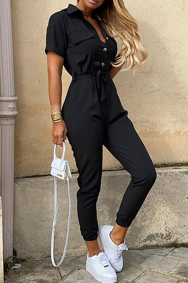 Casual & Stylish Classic Solid Buckle With Belt Turndown Collar Jumpsuits(12 Colors)