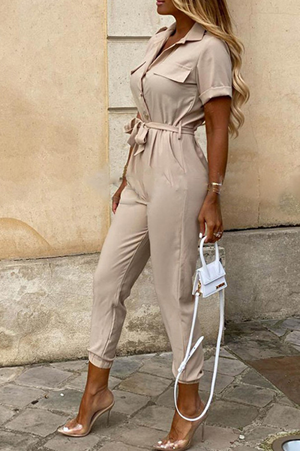 Casual & Stylish Classic Solid Buckle With Belt Turndown Collar Jumpsuits(12 Colors)