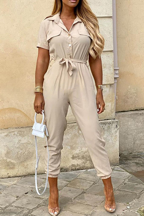 Casual & Stylish Classic Solid Buckle With Belt Turndown Collar Jumpsuits(12 Colors)