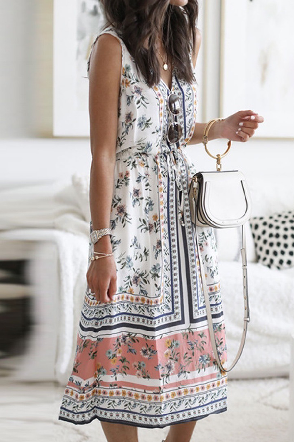 Casual en stijlvolle bloemenpatchwork Frenulum V-hals A-lijnjurken