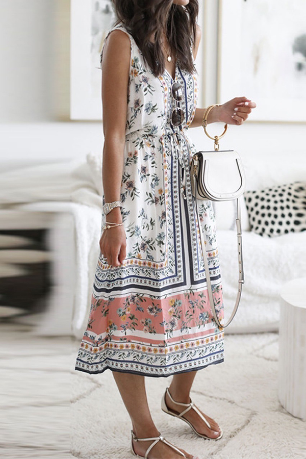 Casual en stijlvolle bloemenpatchwork Frenulum V-hals A-lijnjurken